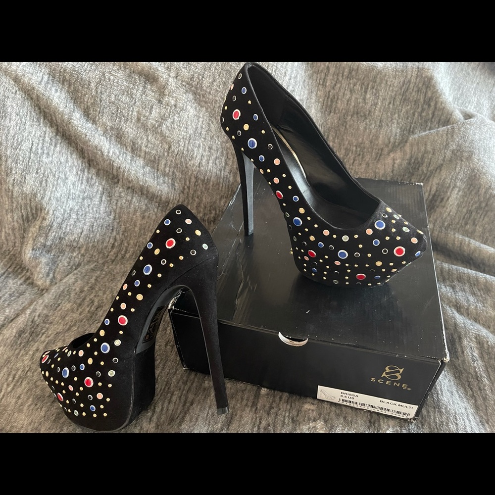 6” Suede multicolor stilettos size 8.5